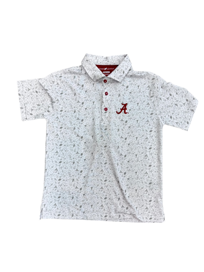 White polo shirt with red accents and a logo on a white background