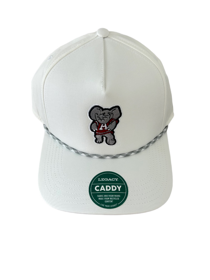 A white Legacy Little AL snapback hat with a rope detail and a large AL patch on the front.