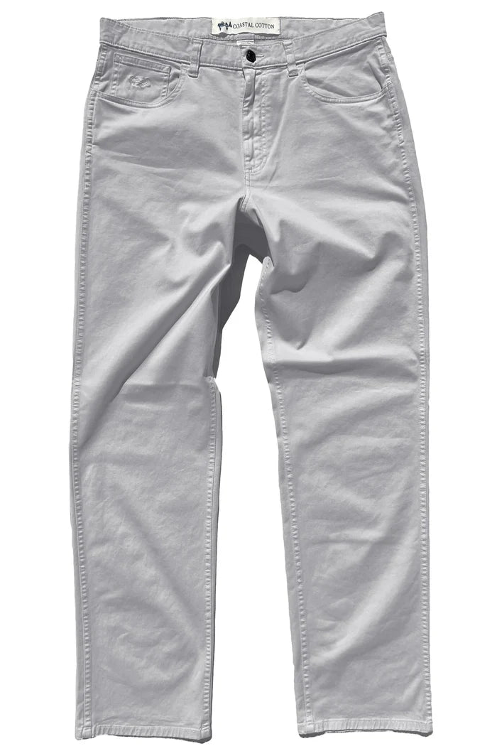 A pair of grey, cotton twill boys' pants with five pockets and a branded leather patch on the back.