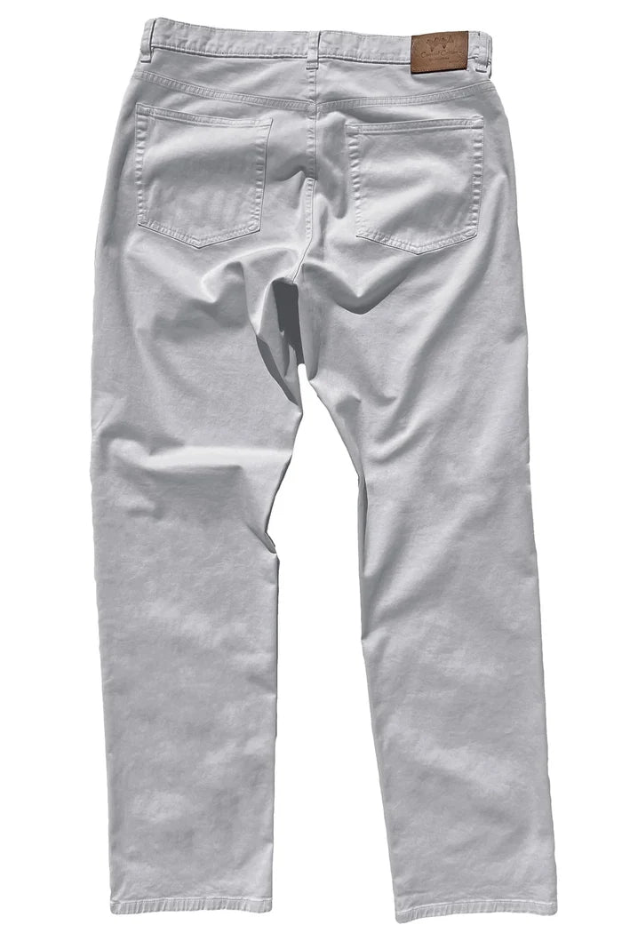 A pair of grey, cotton twill boys' pants with five pockets and a branded leather patch on the back.