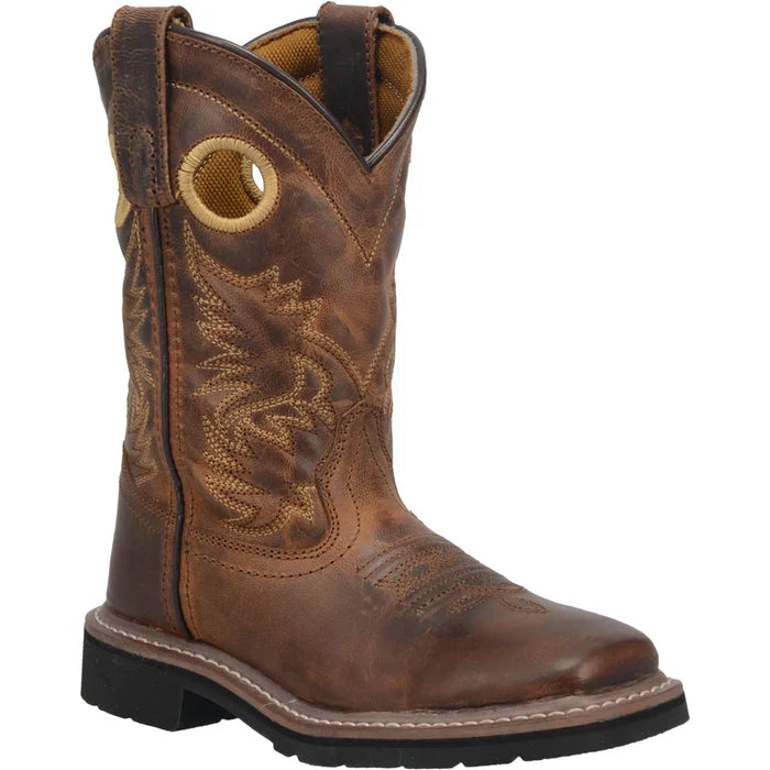 Brown cowboy boot with intricate stitching on a white background