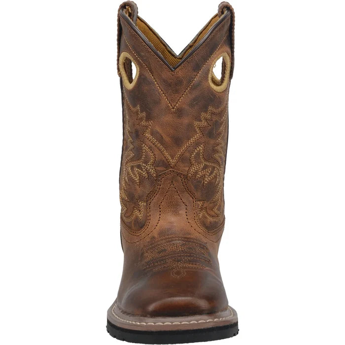 Brown cowboy boot with intricate stitching on a white background