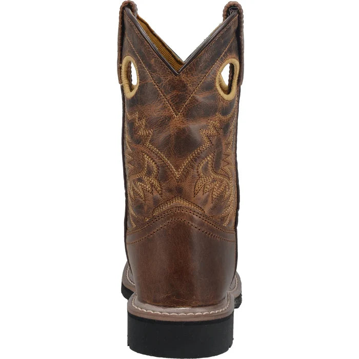 Brown cowboy boot with intricate stitching on a white background