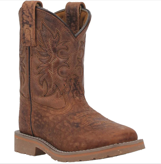 Brown cowboy boot with intricate leatherwork on a white background