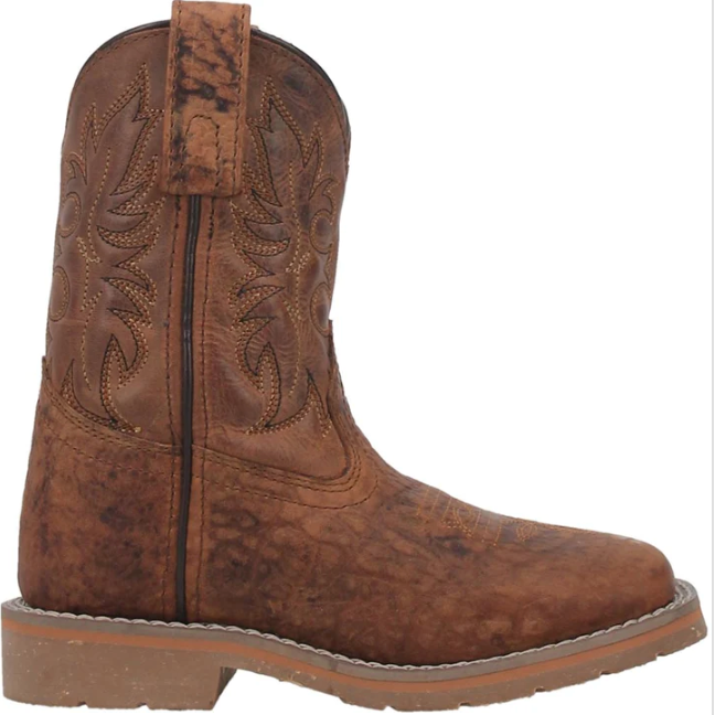Brown cowboy boot with intricate leatherwork on a white background