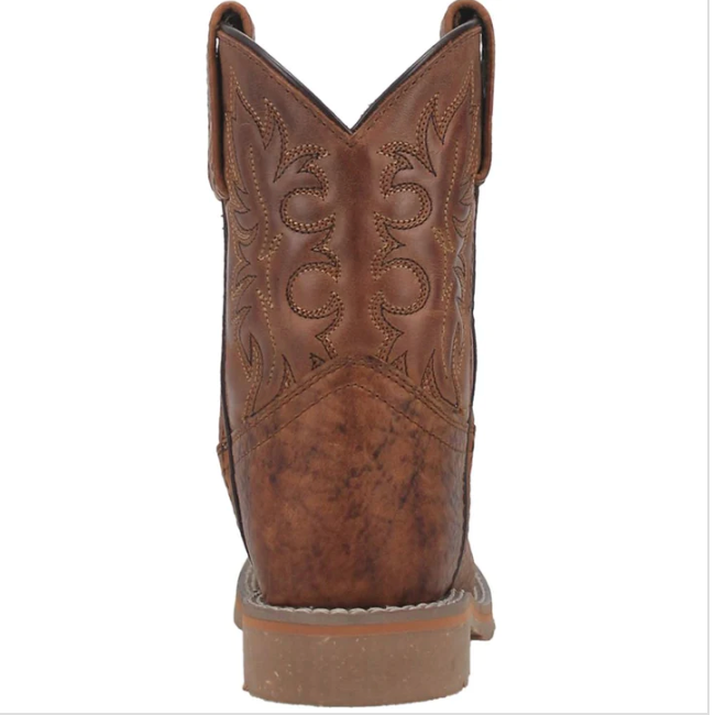 Brown cowboy boot with intricate leatherwork on a white background