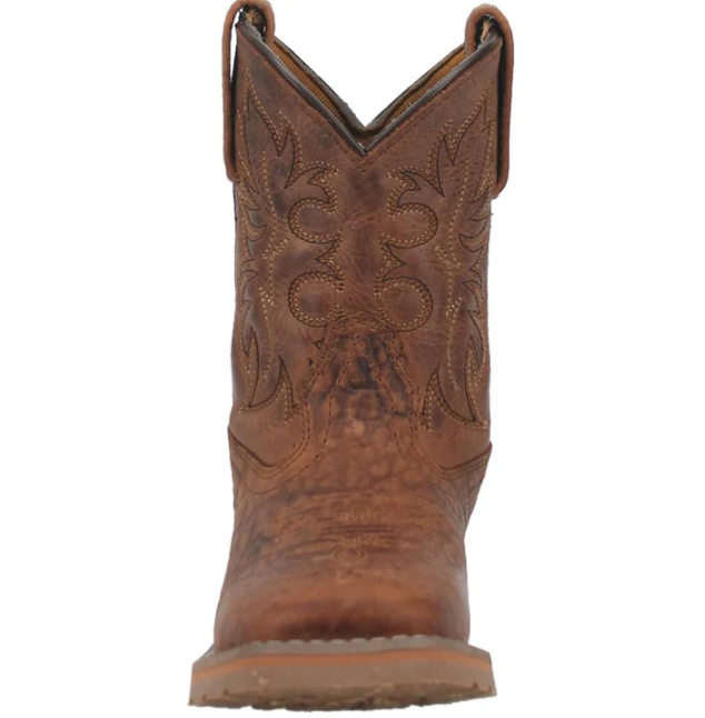 Brown cowboy boot with intricate leatherwork on a white background