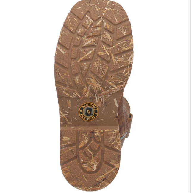 Brown cowboy boot with intricate leatherwork on a white background