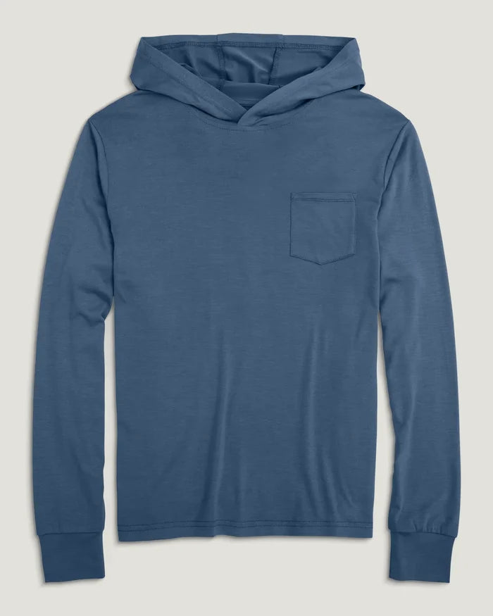 Blue hoodie with a pocket on a light gray background