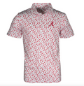 White polo shirt with red floral pattern and logo on a white background