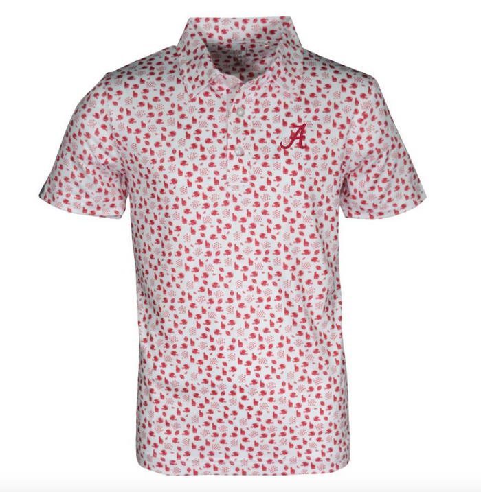 White polo shirt with red floral pattern and logo on a white background