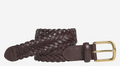 Brown braided belt with a gold buckle on a white background