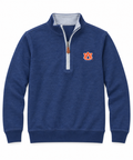 A navy blue heathered quarter-zip pullover sweatshirt with a white and gray ribbed collar, featuring an orange and white Auburn Tigers logo on the left chest.