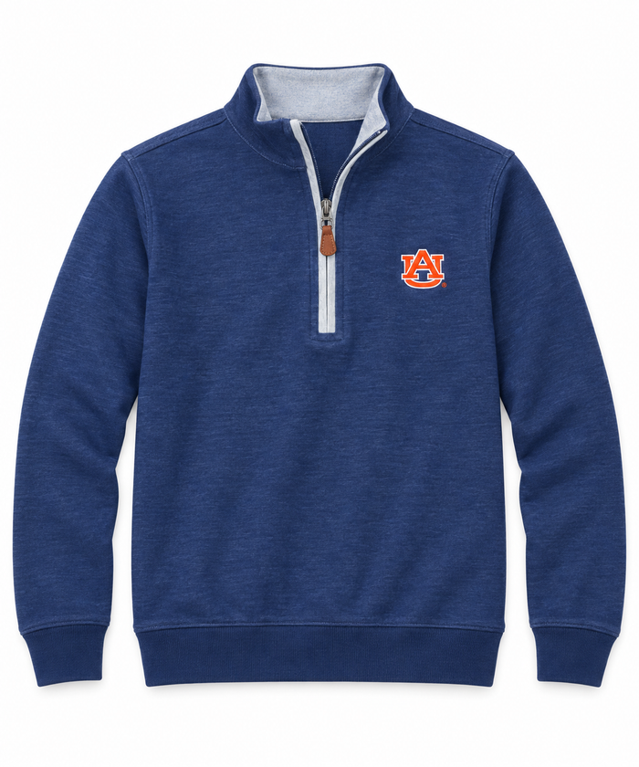 A navy blue heathered quarter-zip pullover sweatshirt with a white and gray ribbed collar, featuring an orange and white Auburn Tigers logo on the left chest.