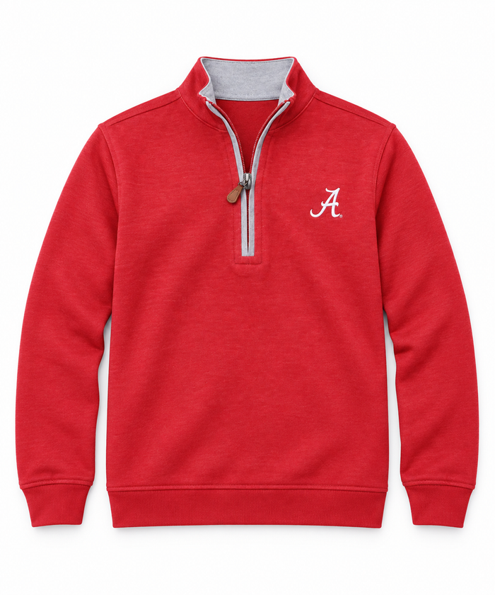A red long-sleeve quarter-zip sweatshirt with a gray inner collar and a white embroidered script logo on the left chest, displayed on a clean white background.
