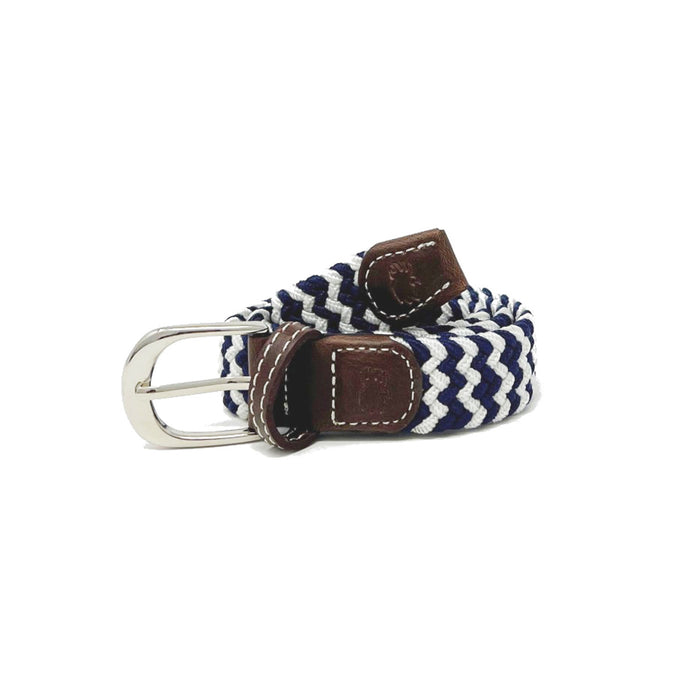 Navy and white striped belt with brown leather buckle on a white background