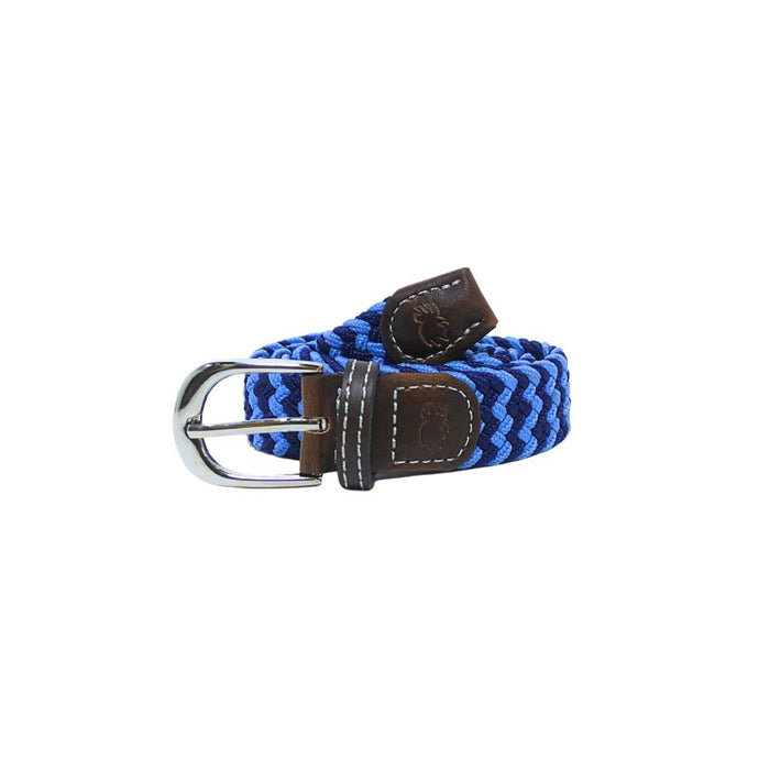 A boy's belt with a geometric pattern, featuring a combination of navy blue and white colors, with an adjustable metal clasp and brown leather accents.