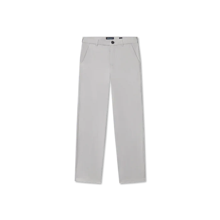 A pair of grey, flat-front, performance stretch pants for boys.