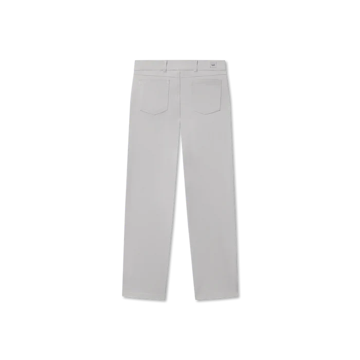 A pair of grey, flat-front, performance stretch pants for boys.