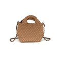 A beige braided clutch with a chain strap.
