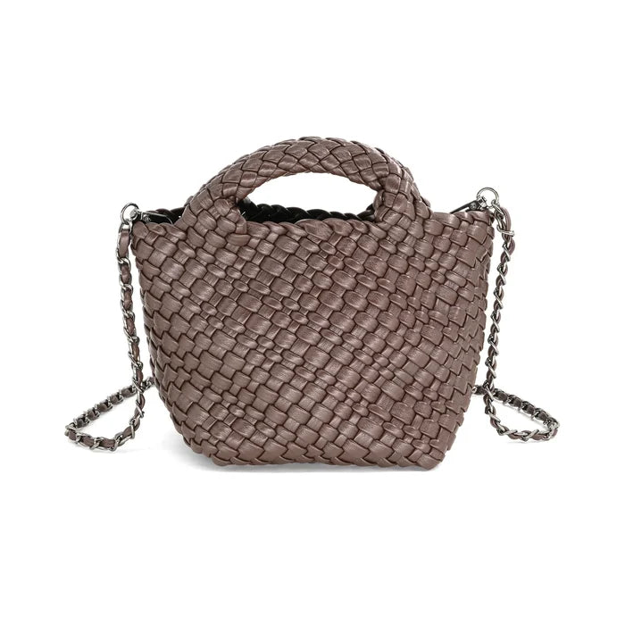 A brown braided clutch with a chain strap.