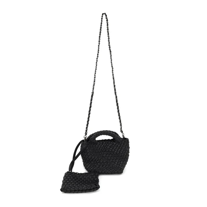 A black braided clutch with a chain strap.