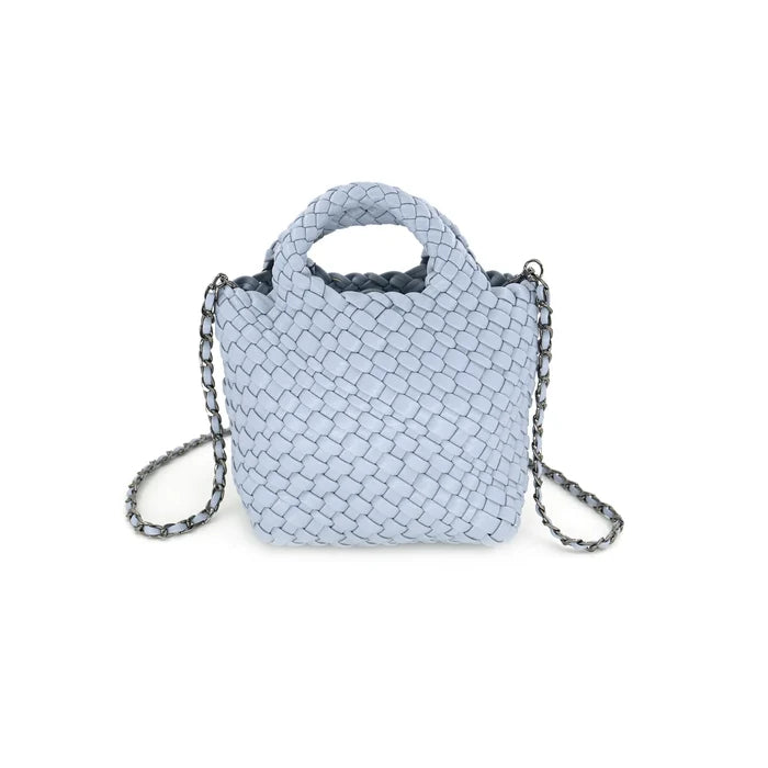A blue braided clutch with a chain strap.