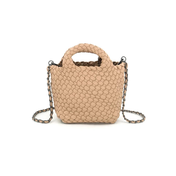 A beige braided clutch with a chain strap.