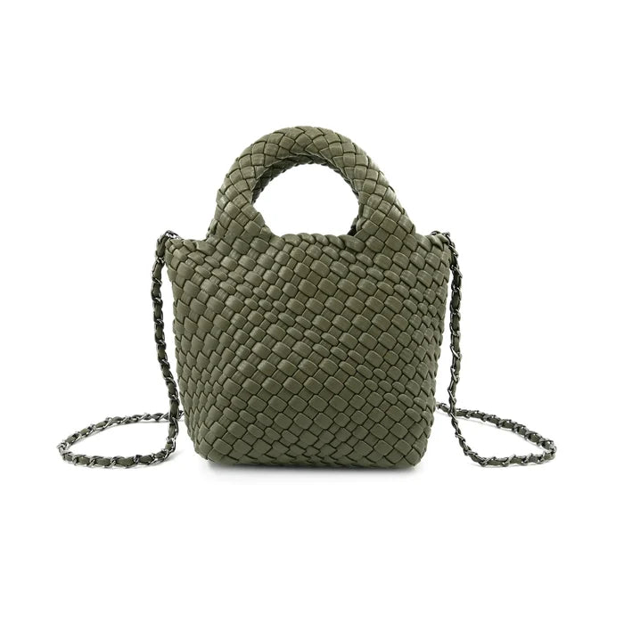 Green woven handbag with chain strap on a white background
