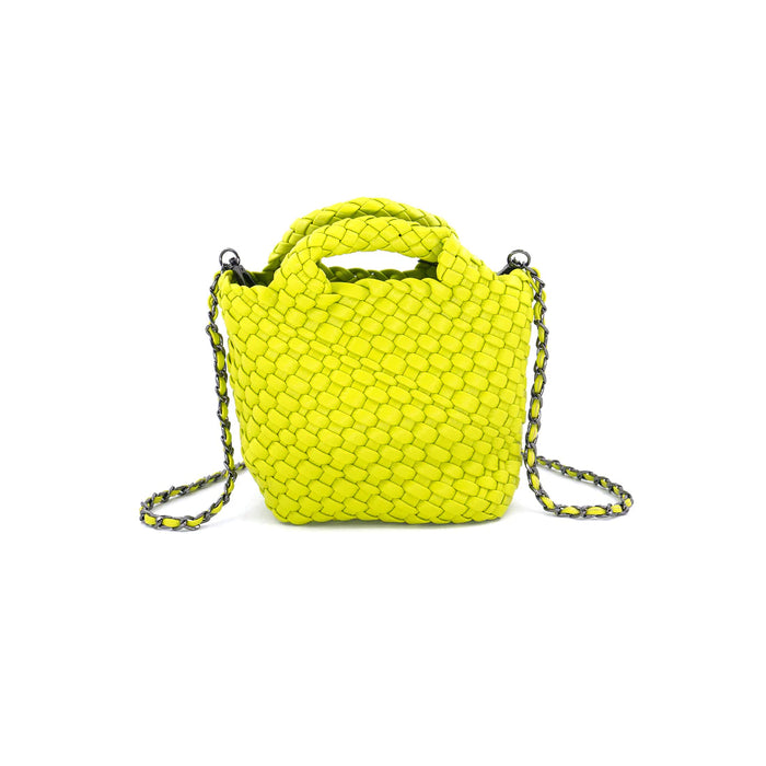 Neon yellow woven handbag with a chain strap on a white background