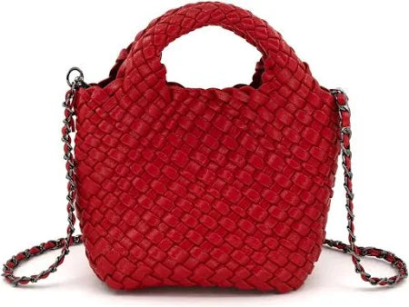 Red woven handbag with a chain strap on a white background