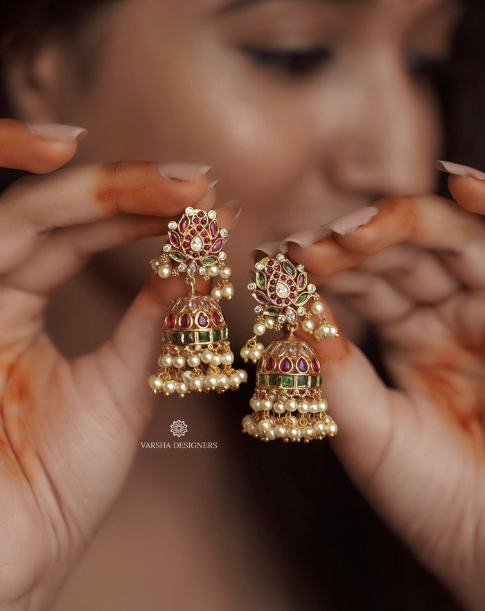 Bridal Kemp Stone Lotus Jhumkas