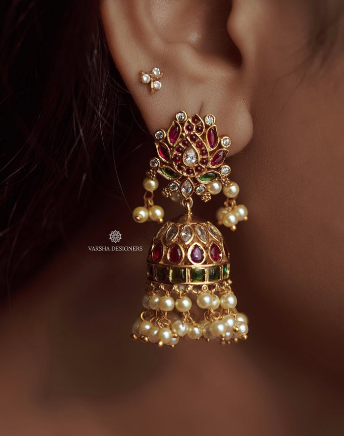 Bridal Kemp Stone Lotus Jhumkas