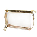 Clear handbag with gold trim on a white background