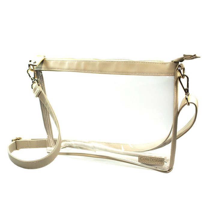 A clear plastic pouch handbag with a beige zipper, beige strap, and gold-tone hardware, shown on a white background.
