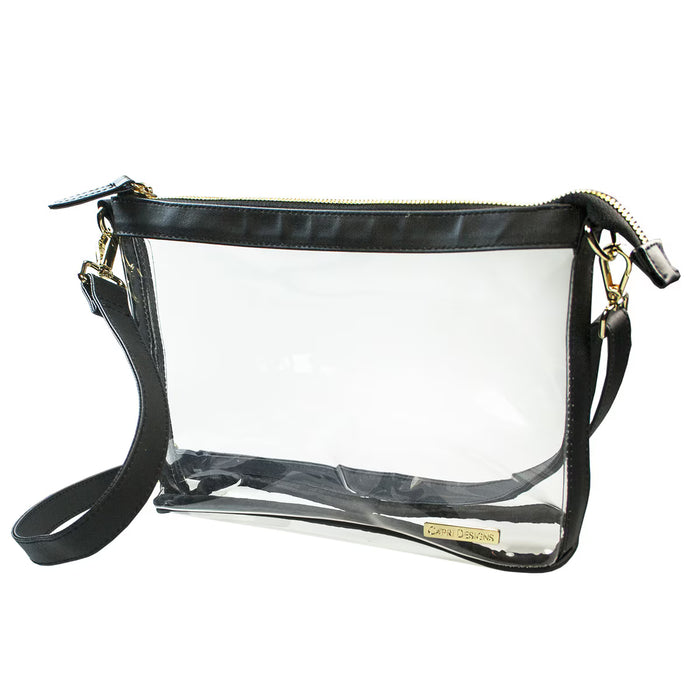 Clear crossbody bag with black straps on a white background