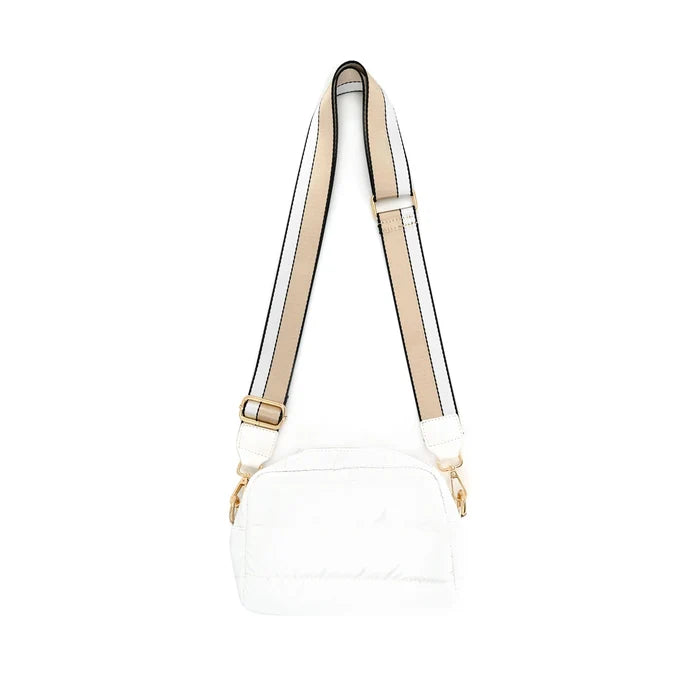 A white nylon crossbody puffer bag with a removable strap and gold-tone hardware.