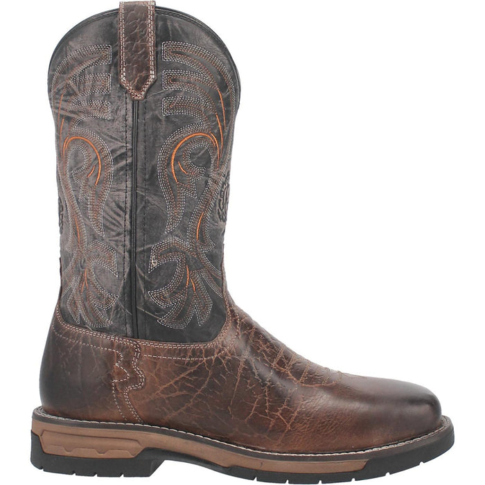 Brown cowboy boot with intricate stitching on a white background