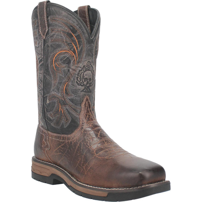 Brown cowboy boot with intricate stitching on a white background