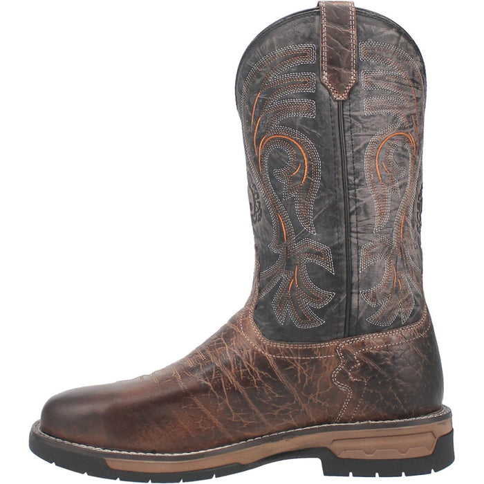 Brown cowboy boot with intricate stitching on a white background