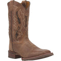 Brown cowboy boot with intricate stitching on a white background