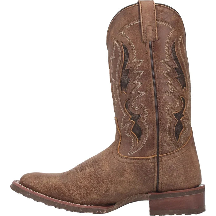 Brown cowboy boot with intricate stitching on a white background