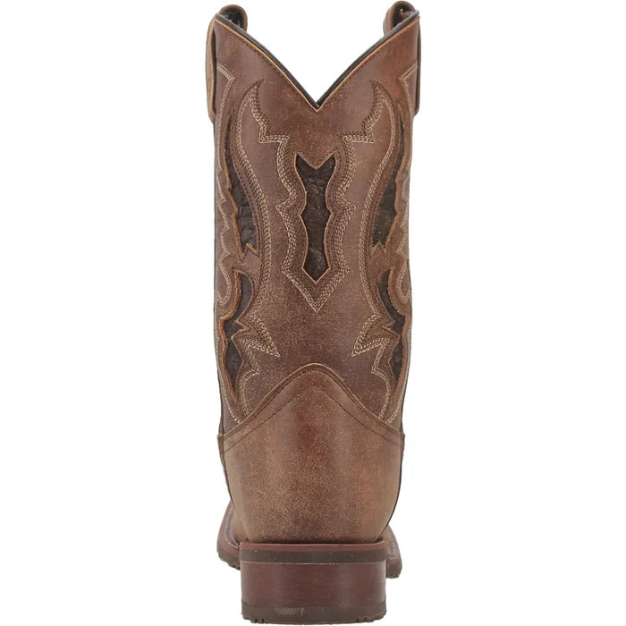 Brown cowboy boot with intricate stitching on a white background