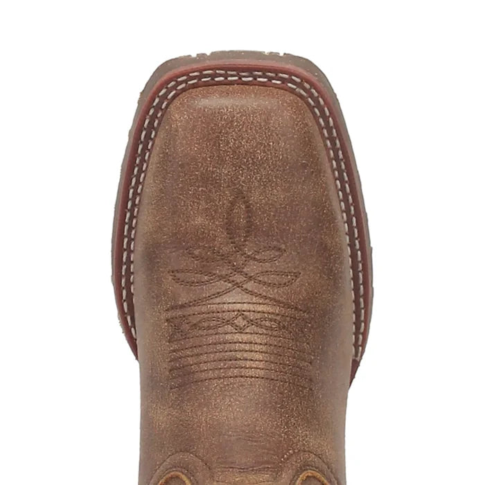 Brown cowboy boot with intricate stitching on a white background