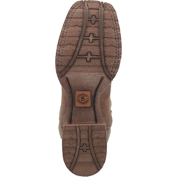 Brown cowboy boot with intricate stitching on a white background