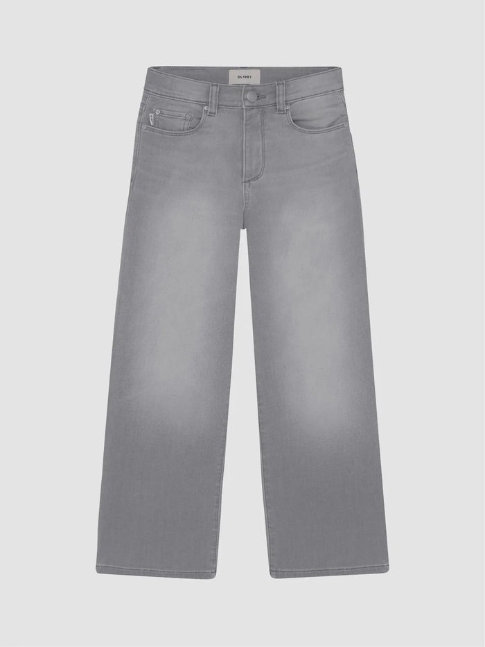 A pair of light gray denim jeans with a straight-leg fit, shown flat against a light gray background.