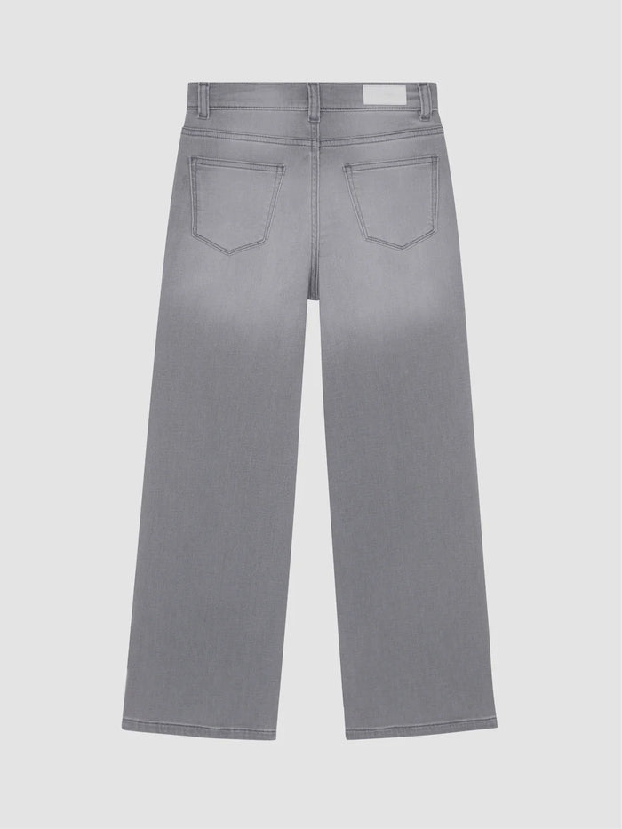 Gray wide-leg jeans shown from the back, featuring a faded wash effect and standard back pocket design, displayed on a light gray background.