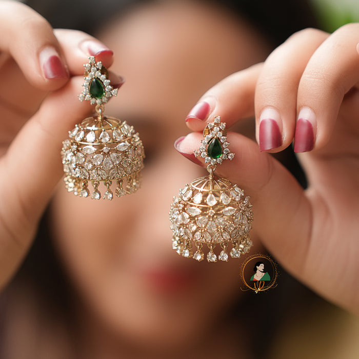 Emerald & White Stone Zircon Jhumkas