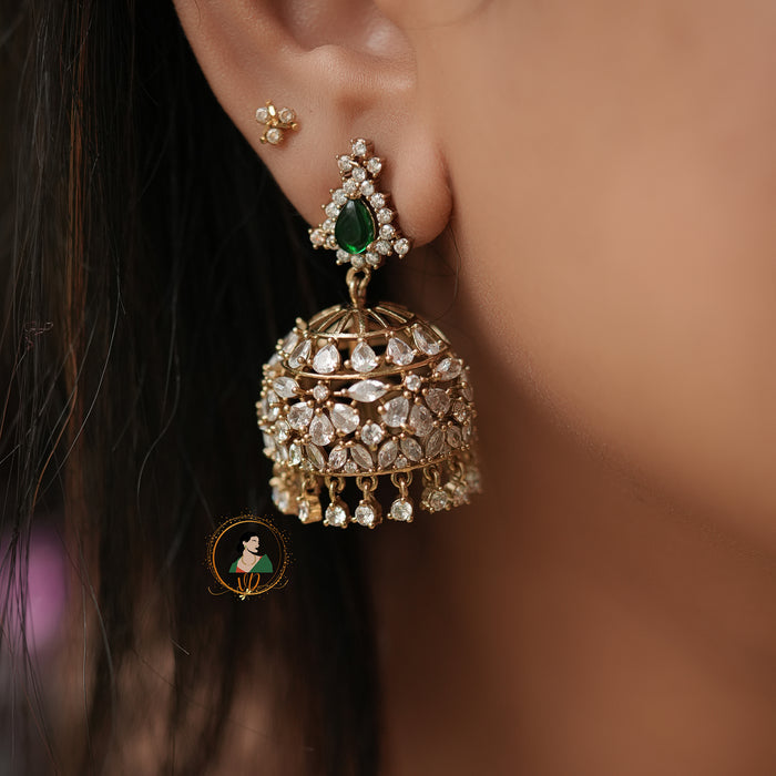 Emerald & White Stone Zircon Jhumkas