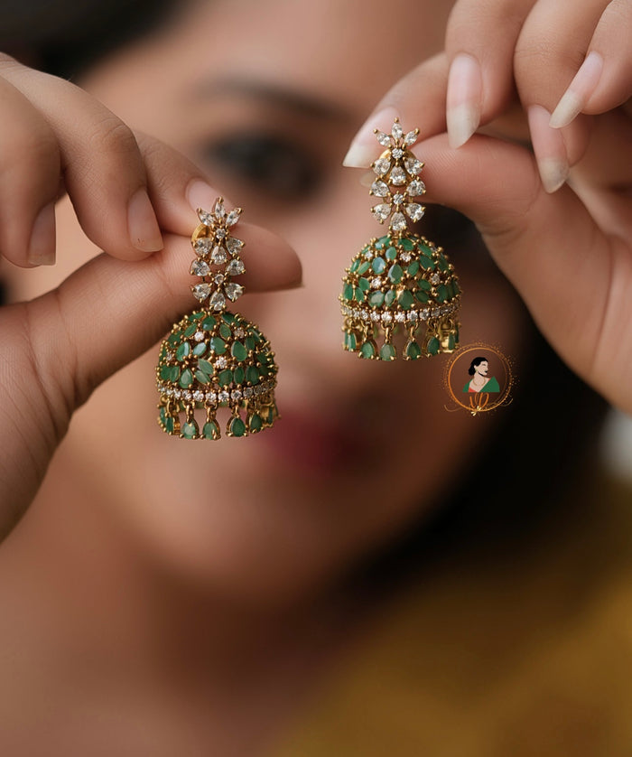 Emerald & White Zircon Stone Jhumkas